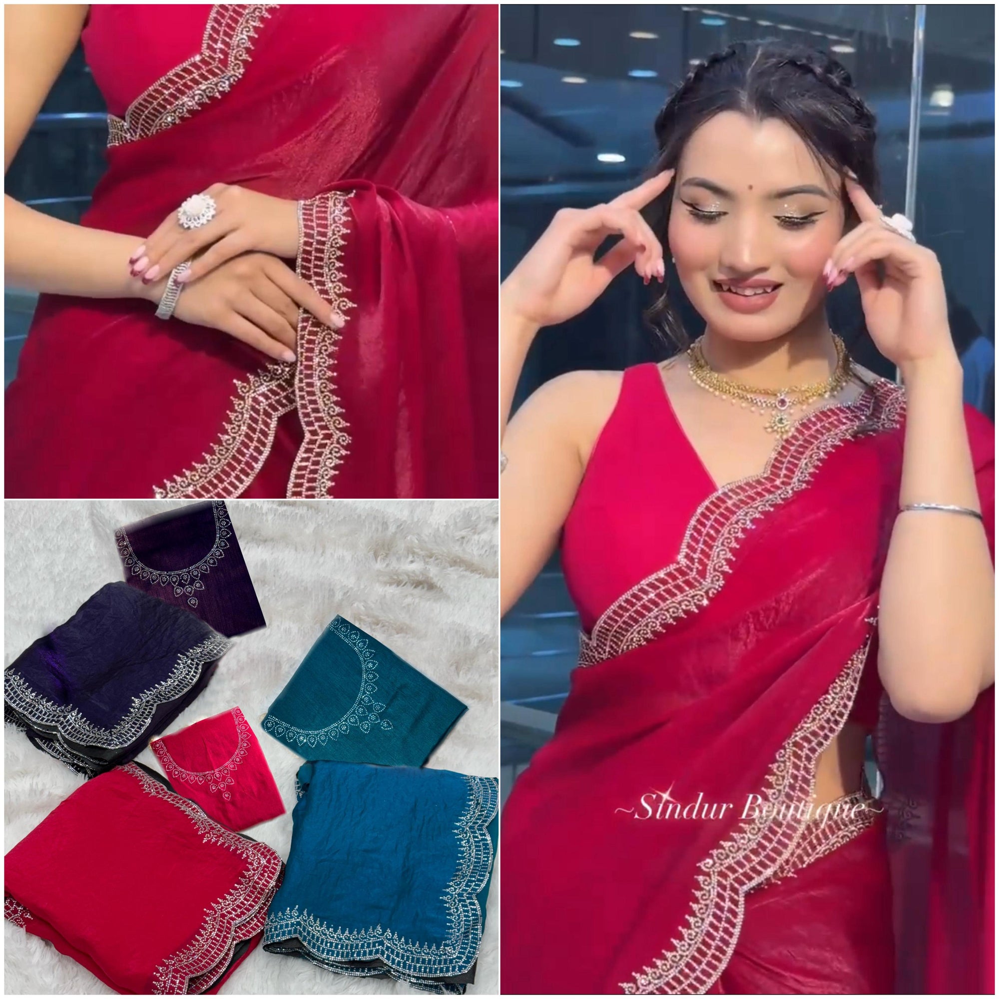 Pure Soft Burburry Silk With Beautiful Sirovski Diamonds Work In Border On All Over Saree