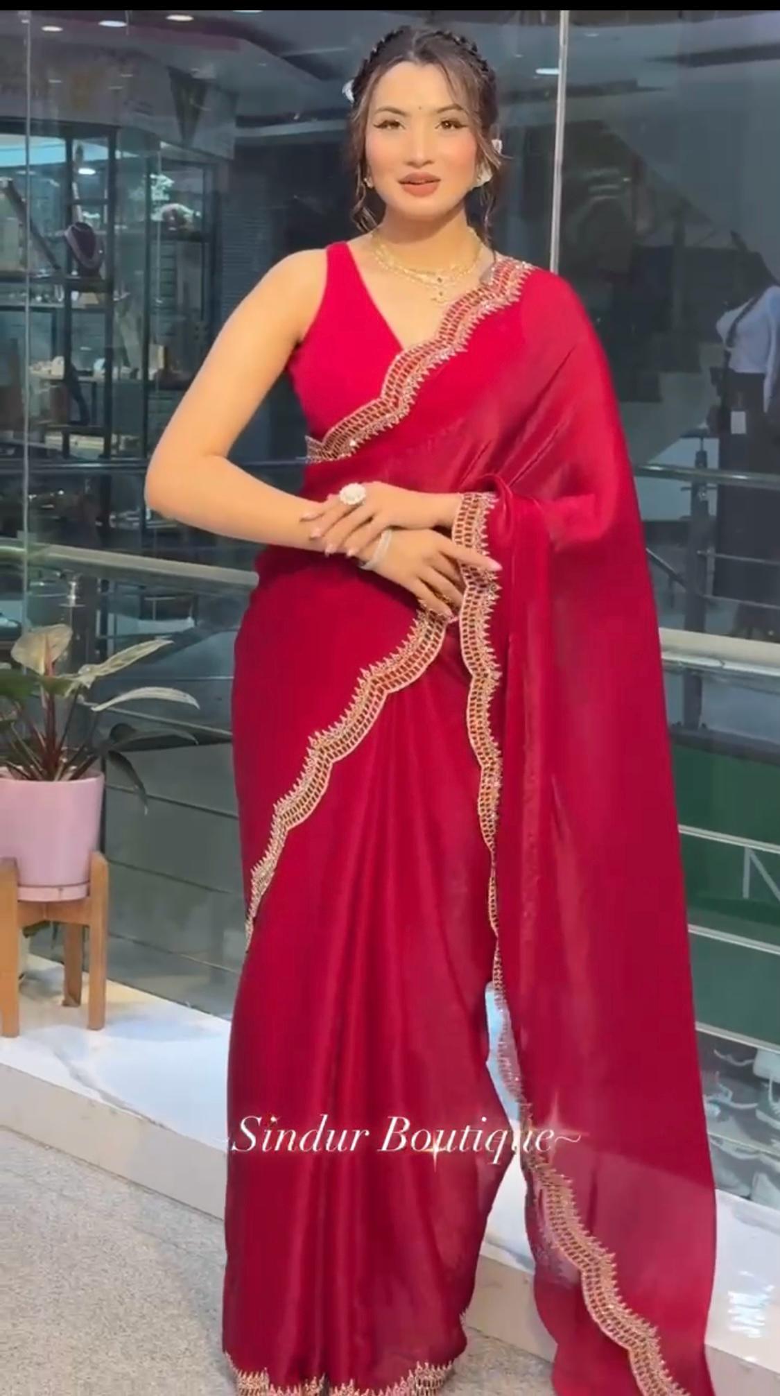 Pure Soft Burburry Silk With Beautiful Sirovski Diamonds Work In Border On All Over Saree