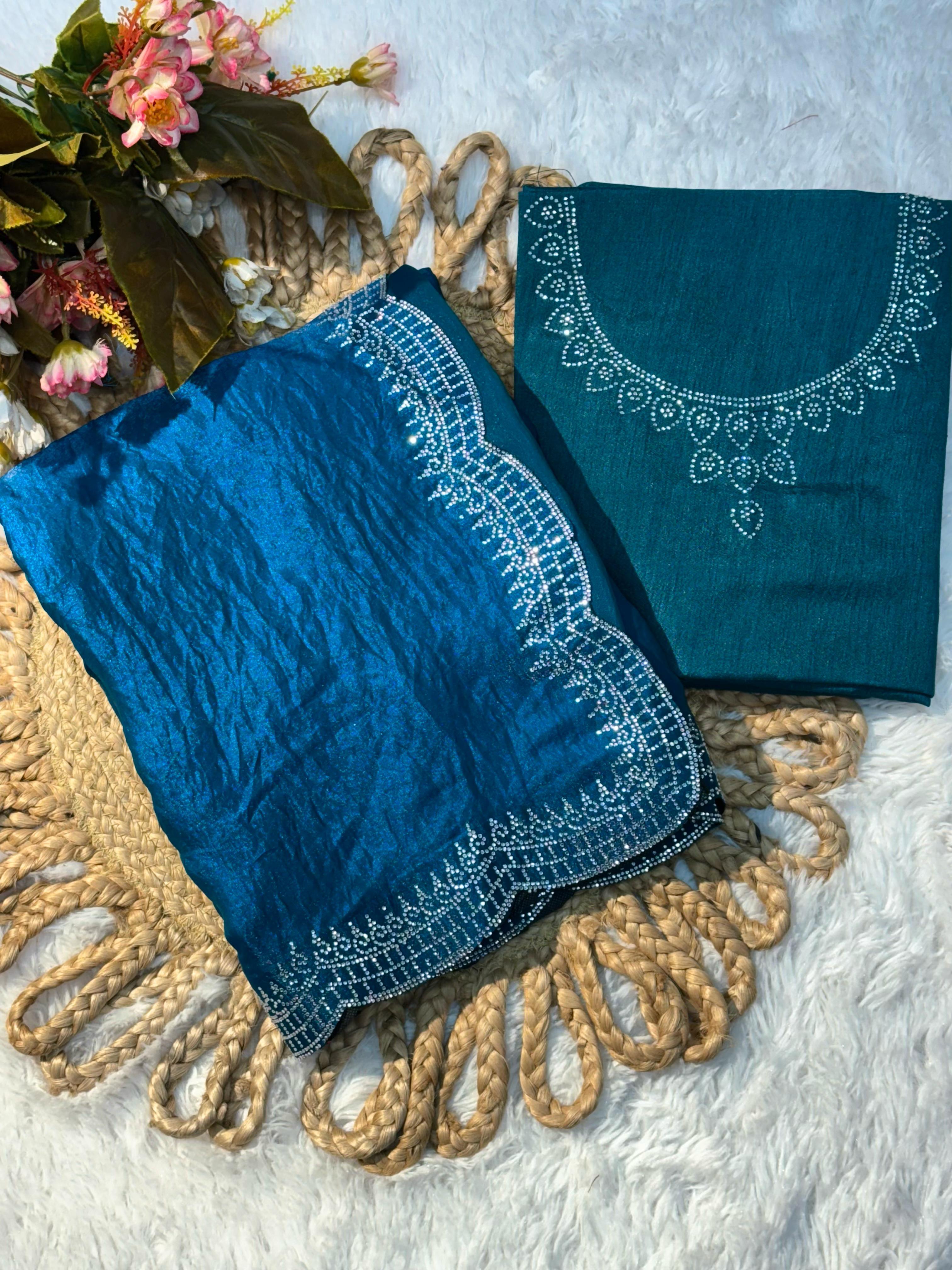 Pure Soft Burburry Silk With Beautiful Sirovski Diamonds Work In Border On All Over Saree