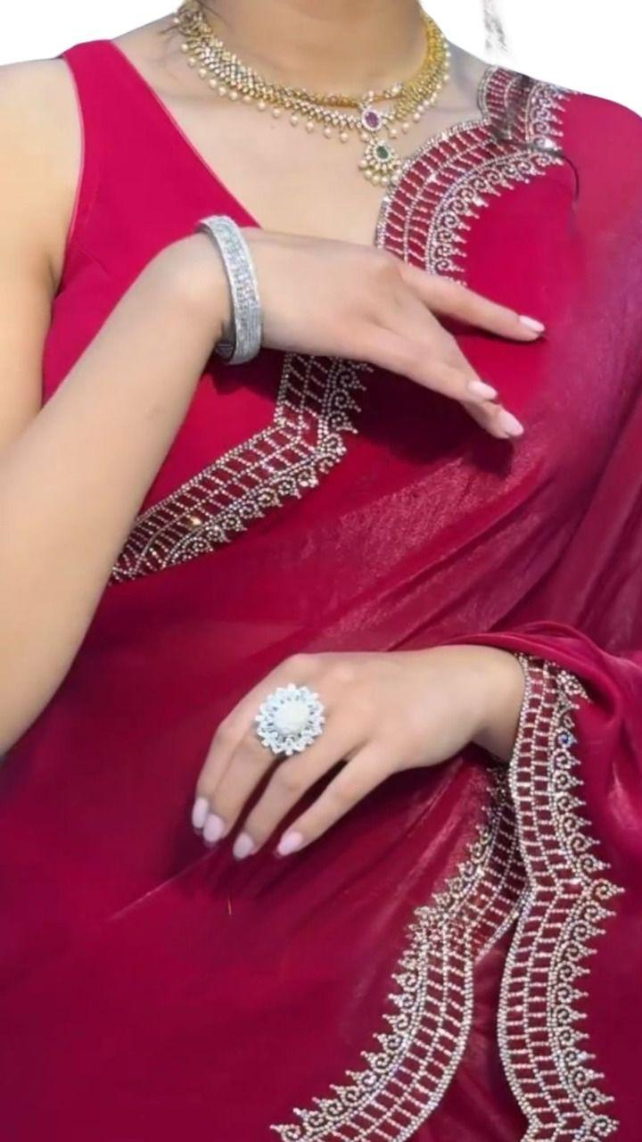 Pure Soft Burburry Silk With Beautiful Sirovski Diamonds Work In Border On All Over Saree