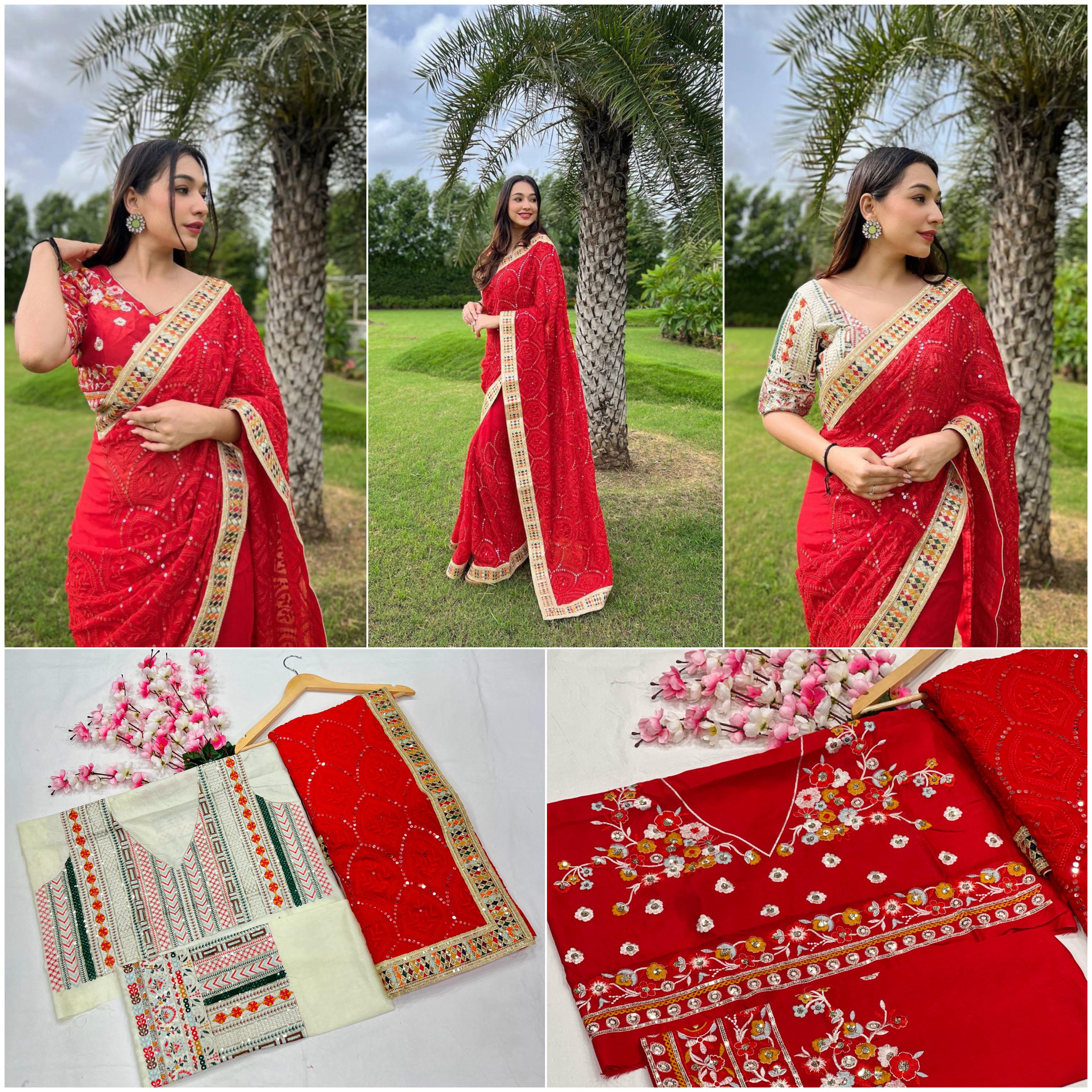 Heavy Fox Georgette With Multi + Thread Coding Embroidery & 3/5.MM Sequence In Pallu_Skirt Work Saree And Embroidery Multi Colour Lace Work
