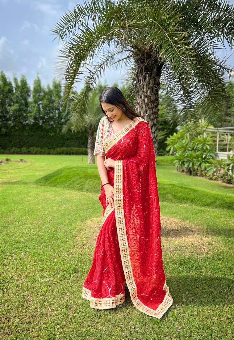 Heavy Fox Georgette With Multi + Thread Coding Embroidery & 3/5.MM Sequence In Pallu_Skirt Work Saree And Embroidery Multi Colour Lace Work