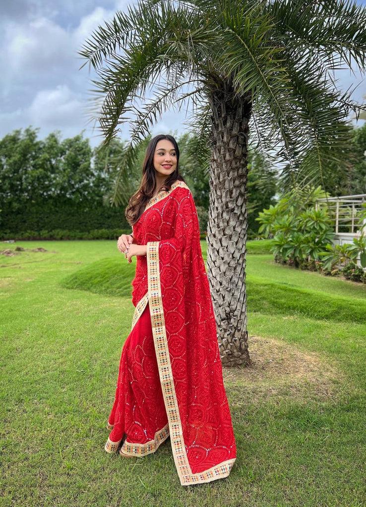 Heavy Fox Georgette With Multi + Thread Coding Embroidery & 3/5.MM Sequence In Pallu_Skirt Work Saree And Embroidery Multi Colour Lace Work