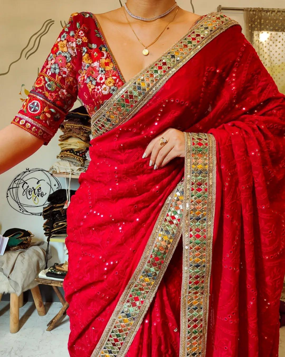Heavy Fox Georgette With Multi + Thread Coding Embroidery & 3/5.MM Sequence In Pallu_Skirt Work Saree And Embroidery Multi Colour Lace Work
