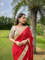 Heavy Fox Georgette With Multi + Thread Coding Embroidery & 3/5.MM Sequence In Pallu_Skirt Work Saree And Embroidery Multi Colour Lace Work