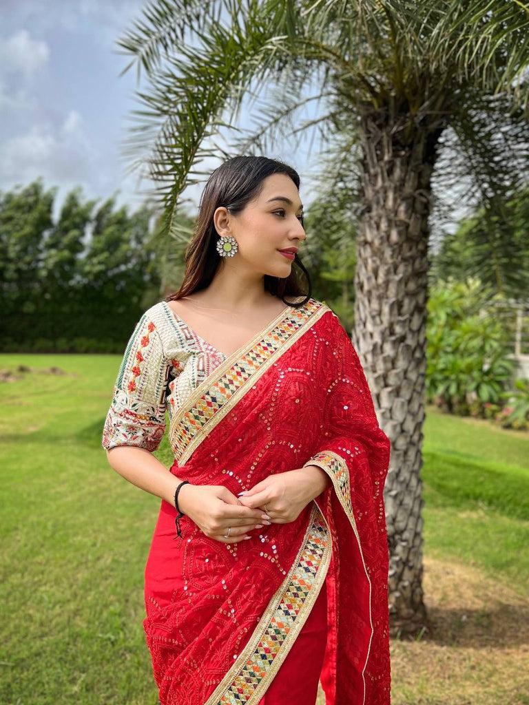 Heavy Fox Georgette With Multi + Thread Coding Embroidery & 3/5.MM Sequence In Pallu_Skirt Work Saree And Embroidery Multi Colour Lace Work