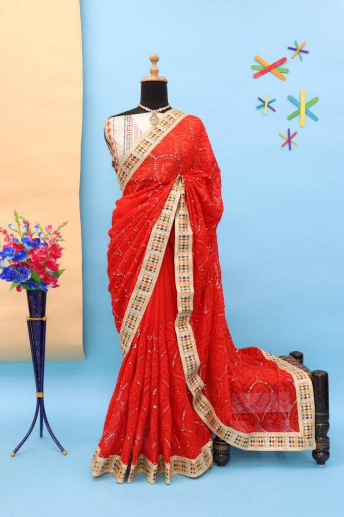 Heavy Fox Georgette With Multi + Thread Coding Embroidery & 3/5.MM Sequence In Pallu_Skirt Work Saree And Embroidery Multi Colour Lace Work
