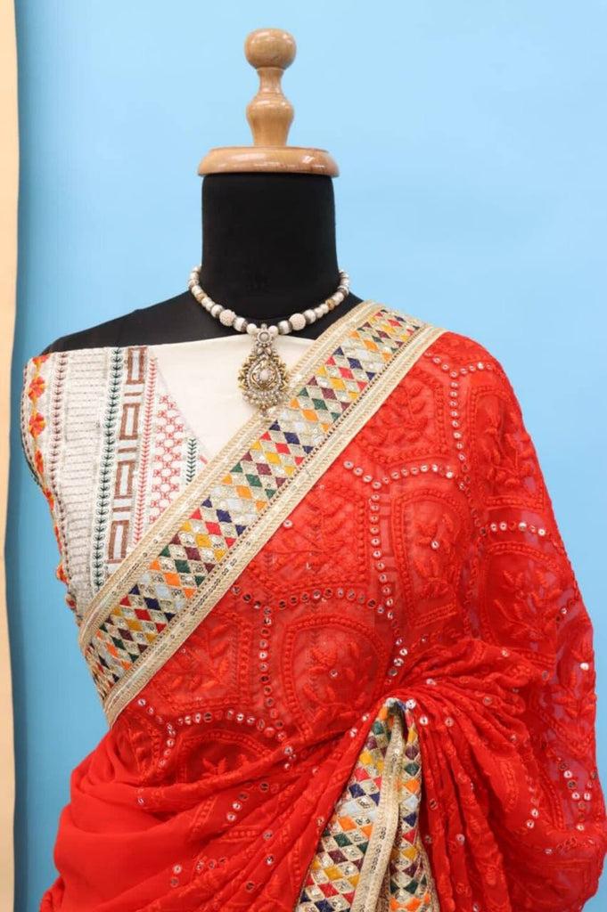 Heavy Fox Georgette With Multi + Thread Coding Embroidery & 3/5.MM Sequence In Pallu_Skirt Work Saree And Embroidery Multi Colour Lace Work