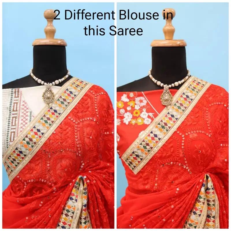 Heavy Fox Georgette With Multi + Thread Coding Embroidery & 3/5.MM Sequence In Pallu_Skirt Work Saree And Embroidery Multi Colour Lace Work