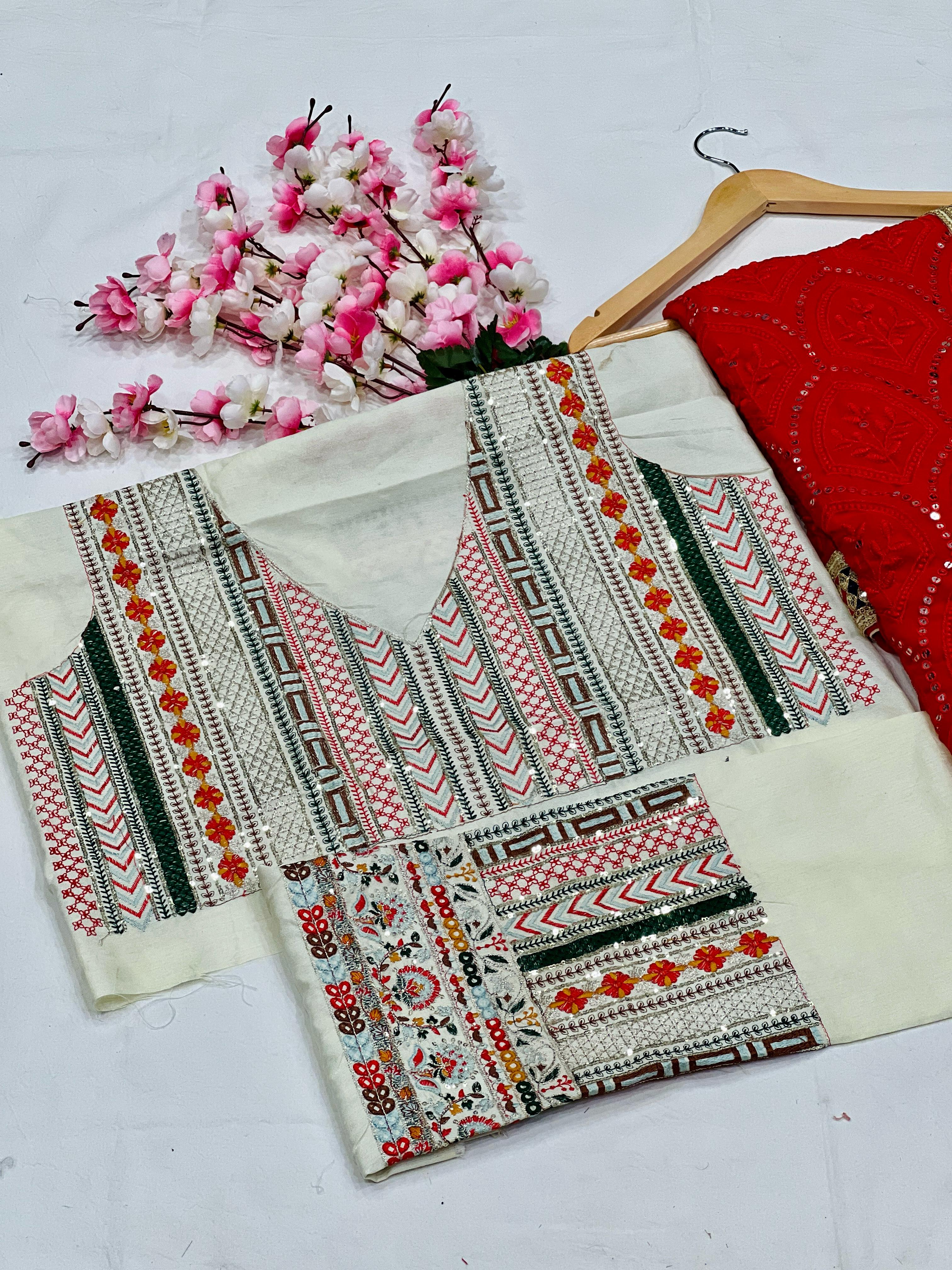 Heavy Fox Georgette With Multi + Thread Coding Embroidery & 3/5.MM Sequence In Pallu_Skirt Work Saree And Embroidery Multi Colour Lace Work