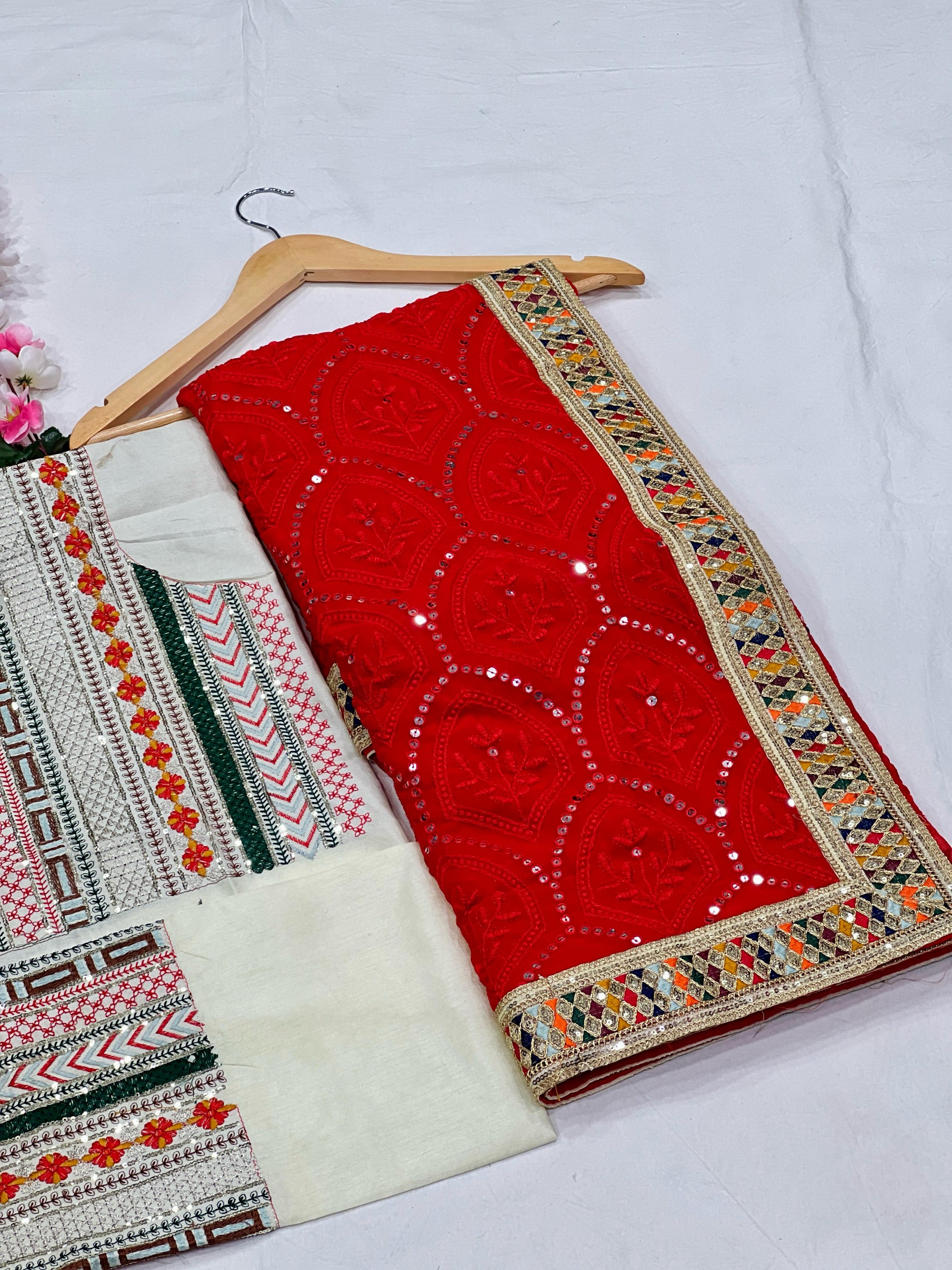 Heavy Fox Georgette With Multi + Thread Coding Embroidery & 3/5.MM Sequence In Pallu_Skirt Work Saree And Embroidery Multi Colour Lace Work