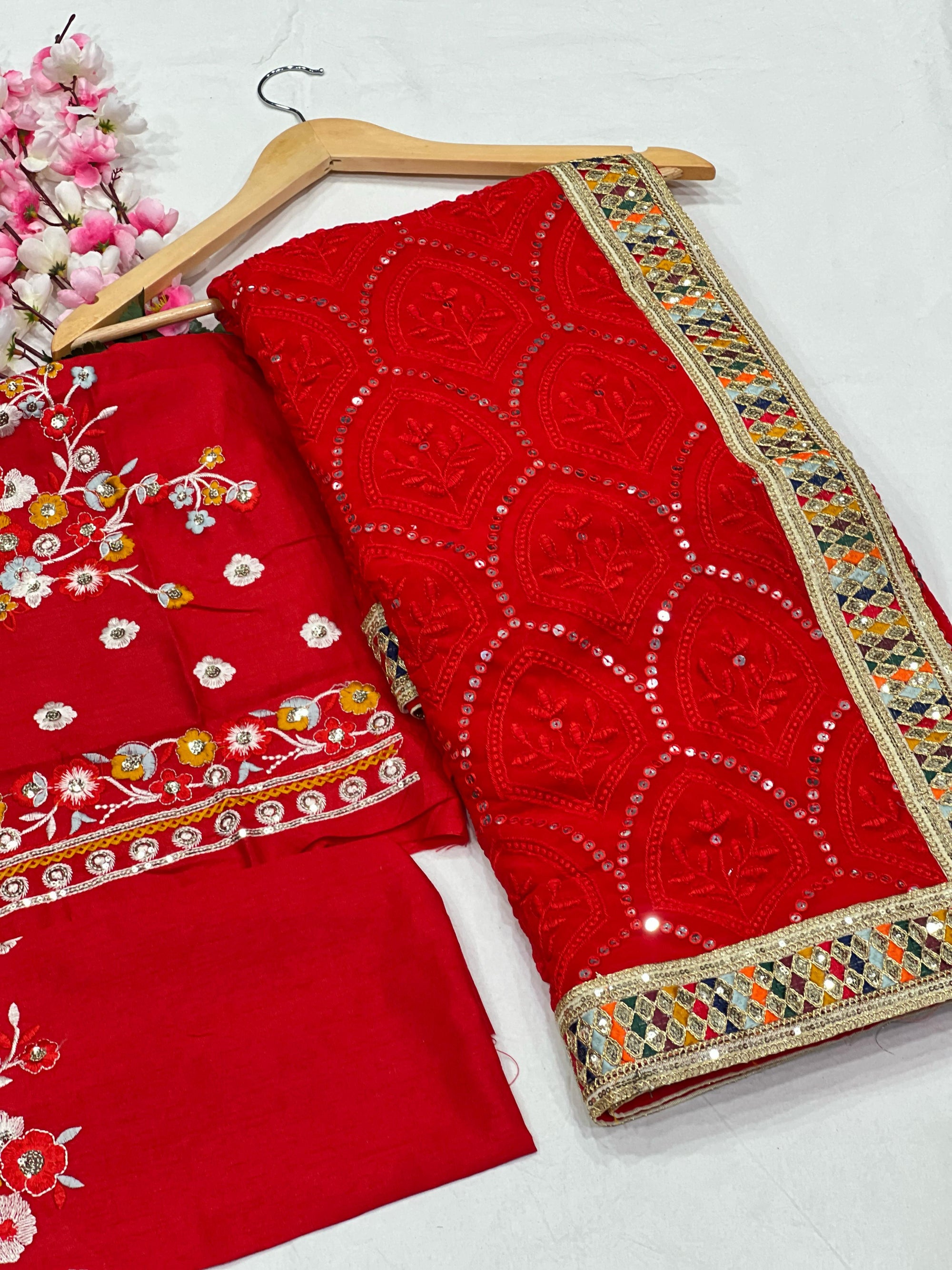 Heavy Fox Georgette With Multi + Thread Coding Embroidery & 3/5.MM Sequence In Pallu_Skirt Work Saree And Embroidery Multi Colour Lace Work