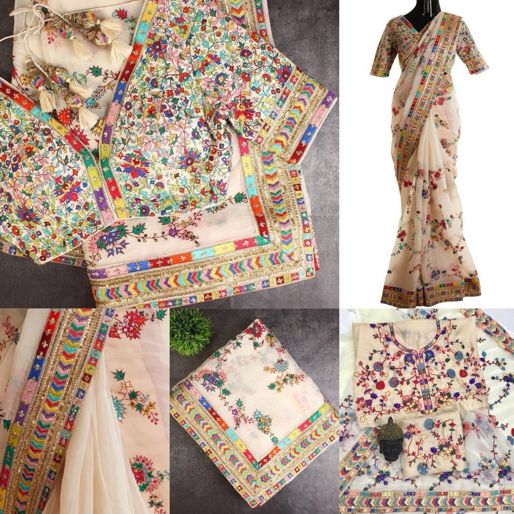 Multi Colour Embroidery Saree For Partywear