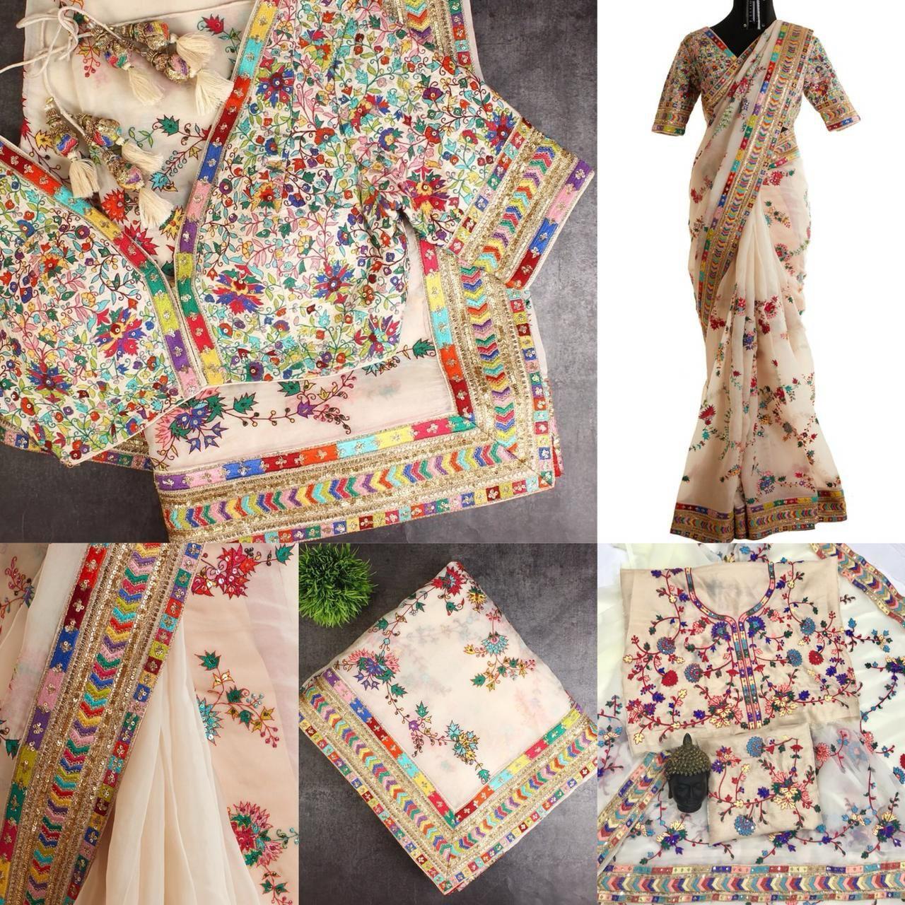 Multi Colour Embroidery Saree For Partywear