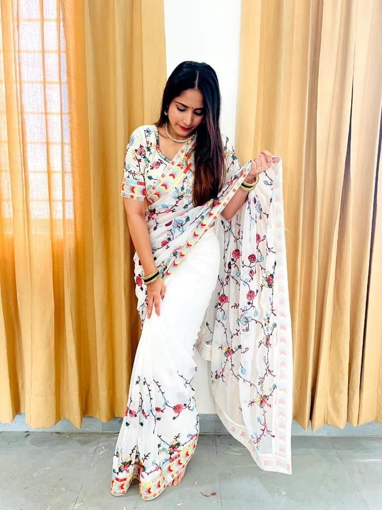 Multi Colour Embroidery Saree For Partywear