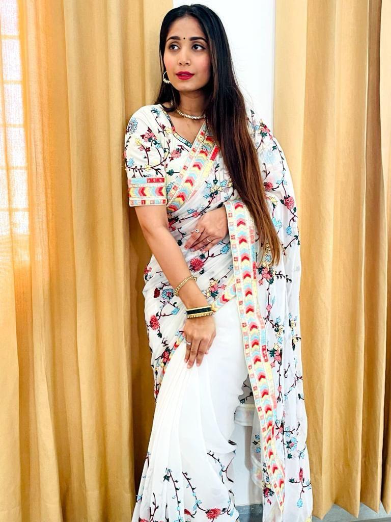 Multi Colour Embroidery Saree For Partywear