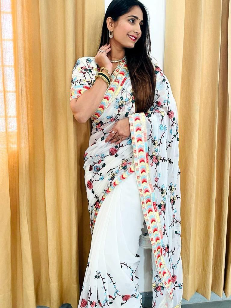 Multi Colour Embroidery Saree For Partywear