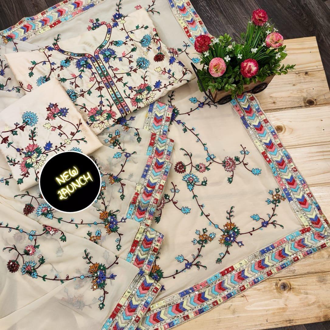 Multi Colour Embroidery Saree For Partywear