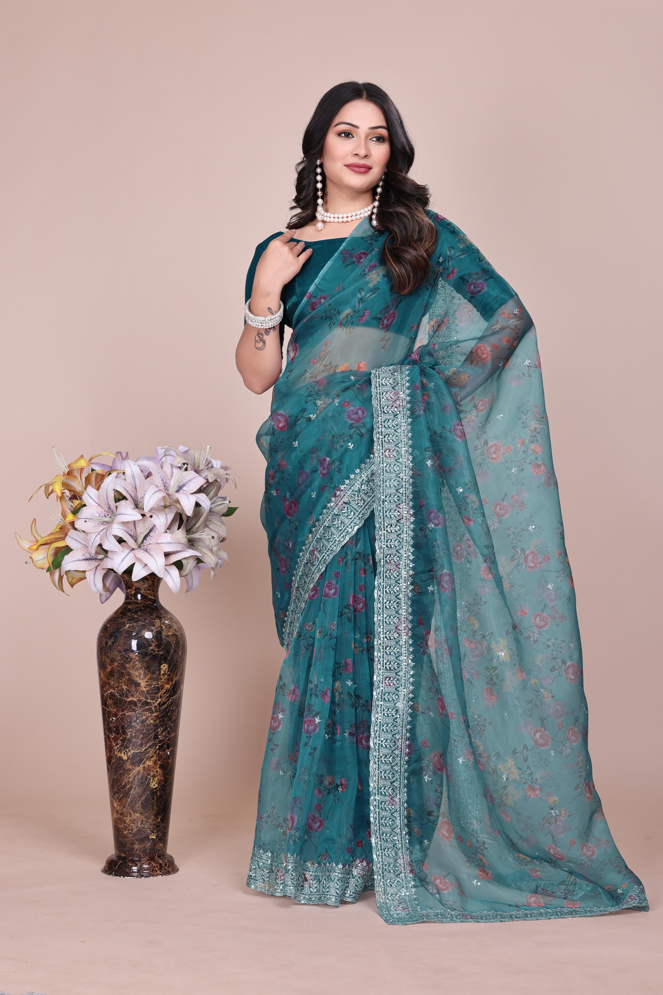 Tissue Organza With Beautiful Flowers Digital Print And Embroidery Zari