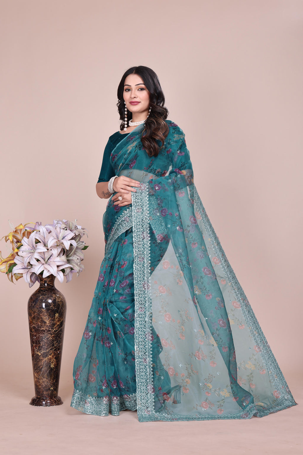 Tissue Organza With Beautiful Flowers Digital Print And Embroidery Zari