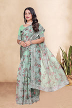 Tissue Organza With Beautiful Flowers Digital Print And Embroidery Zari