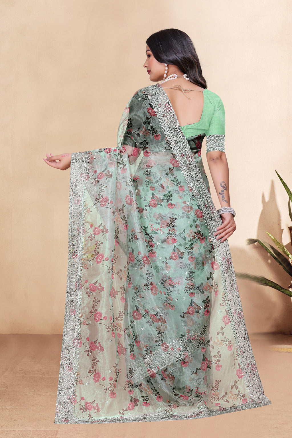 Tissue Organza With Beautiful Flowers Digital Print And Embroidery Zari