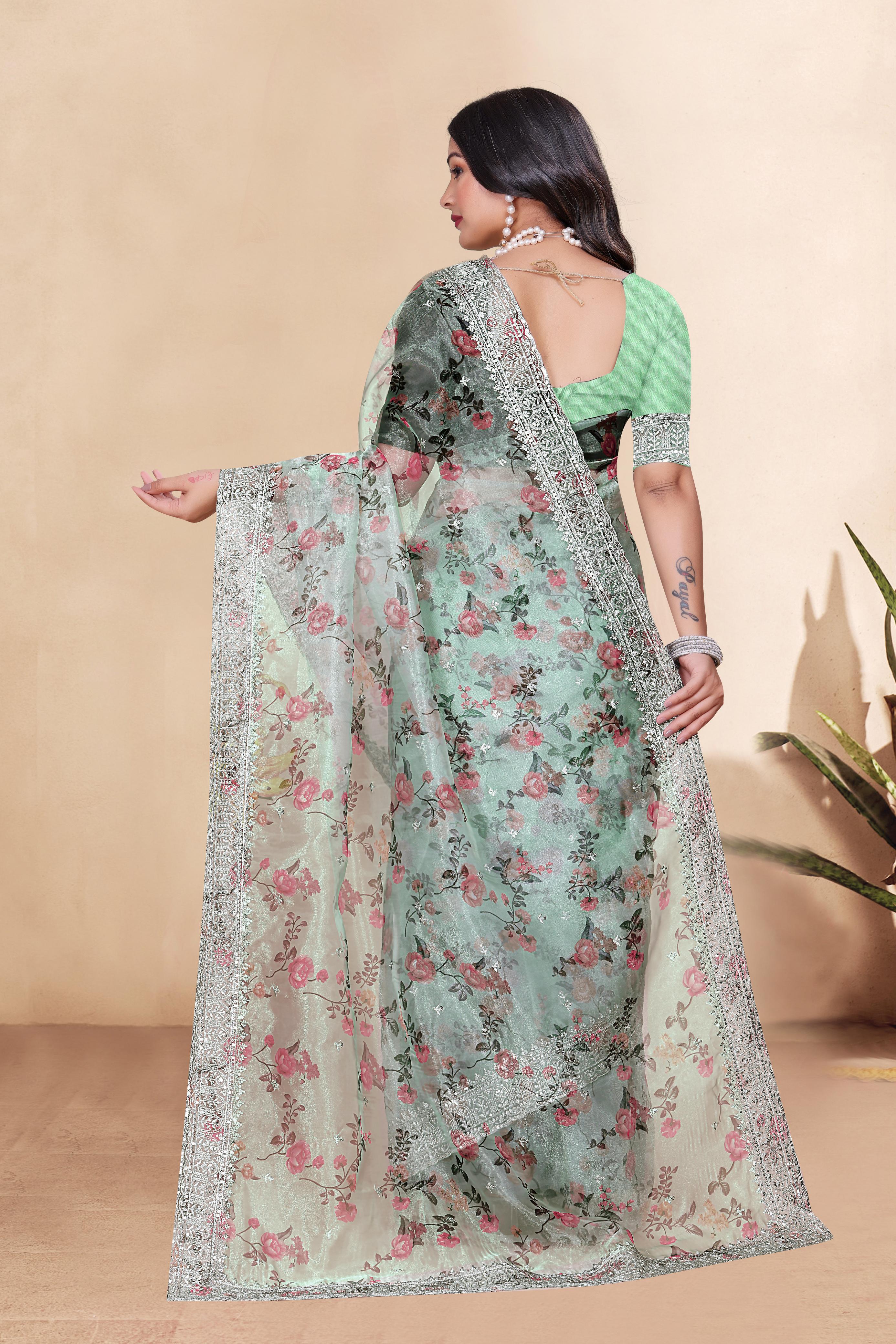 Tissue Organza With Beautiful Flowers Digital Print And Embroidery Zari