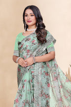Tissue Organza With Beautiful Flowers Digital Print And Embroidery Zari