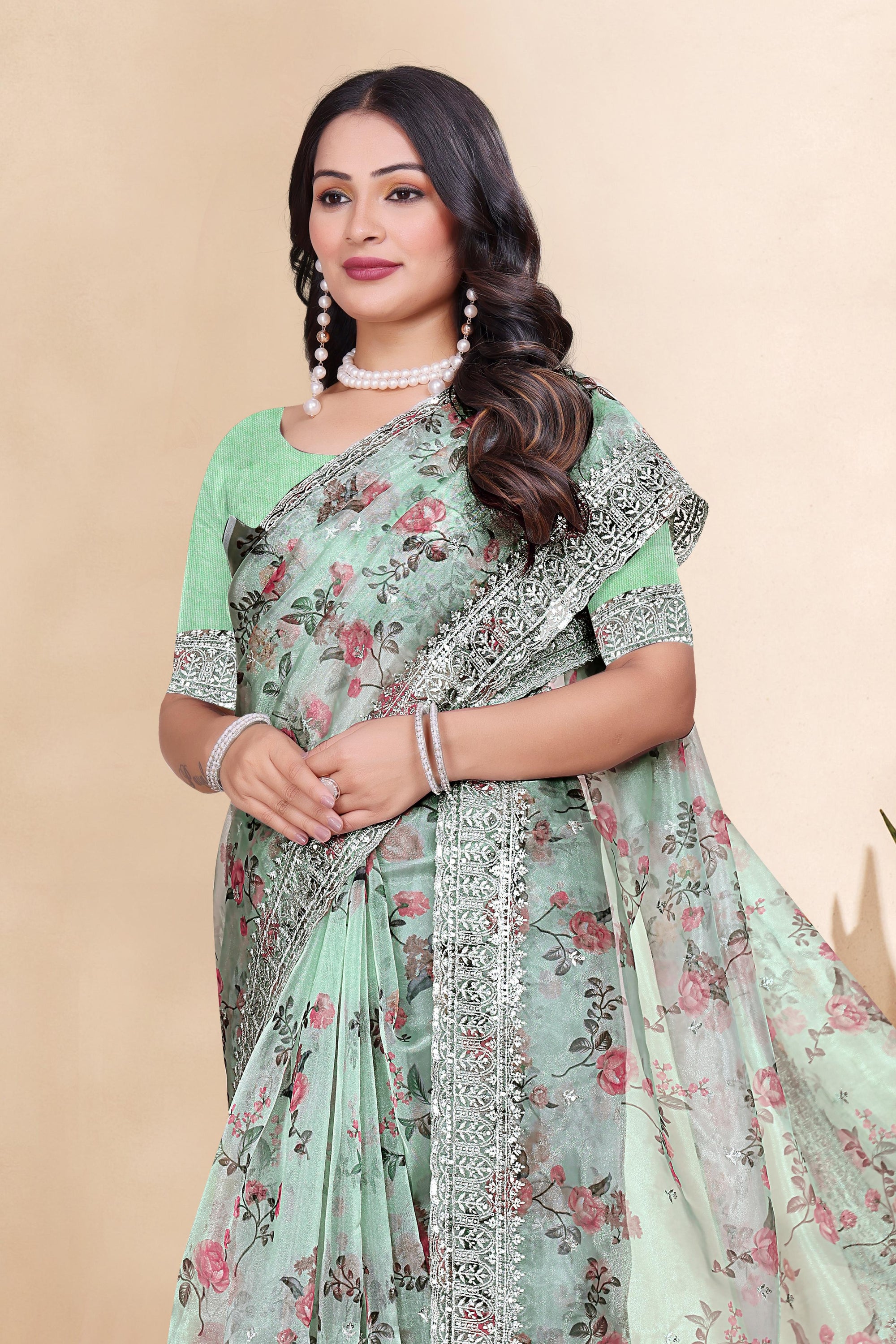 Tissue Organza With Beautiful Flowers Digital Print And Embroidery Zari