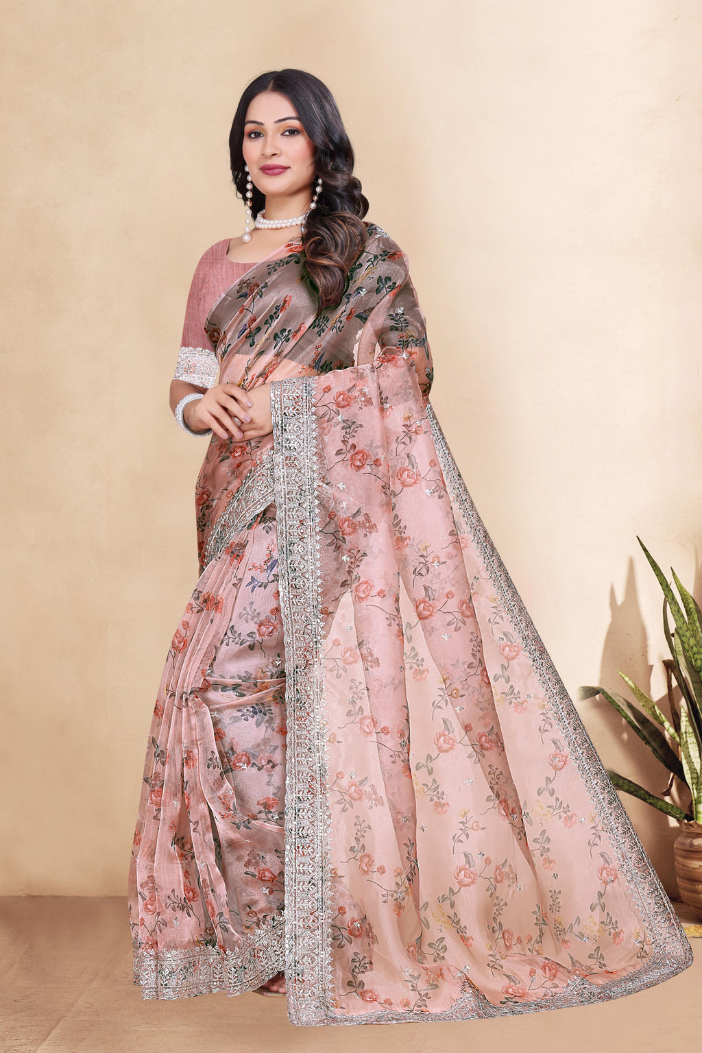 Tissue Organza With Beautiful Flowers Digital Print And Embroidery Zari