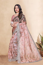 Tissue Organza With Beautiful Flowers Digital Print And Embroidery Zari