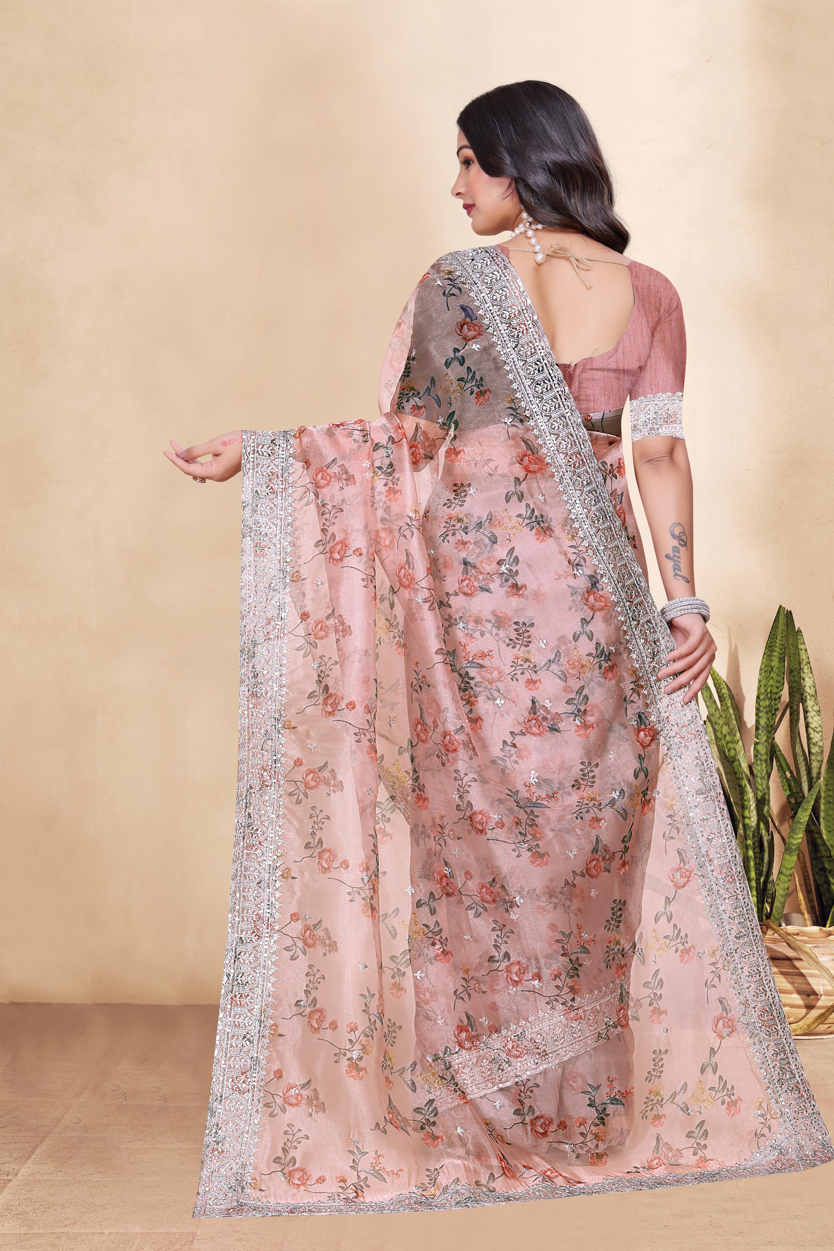 Tissue Organza With Beautiful Flowers Digital Print And Embroidery Zari