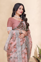 Tissue Organza With Beautiful Flowers Digital Print And Embroidery Zari