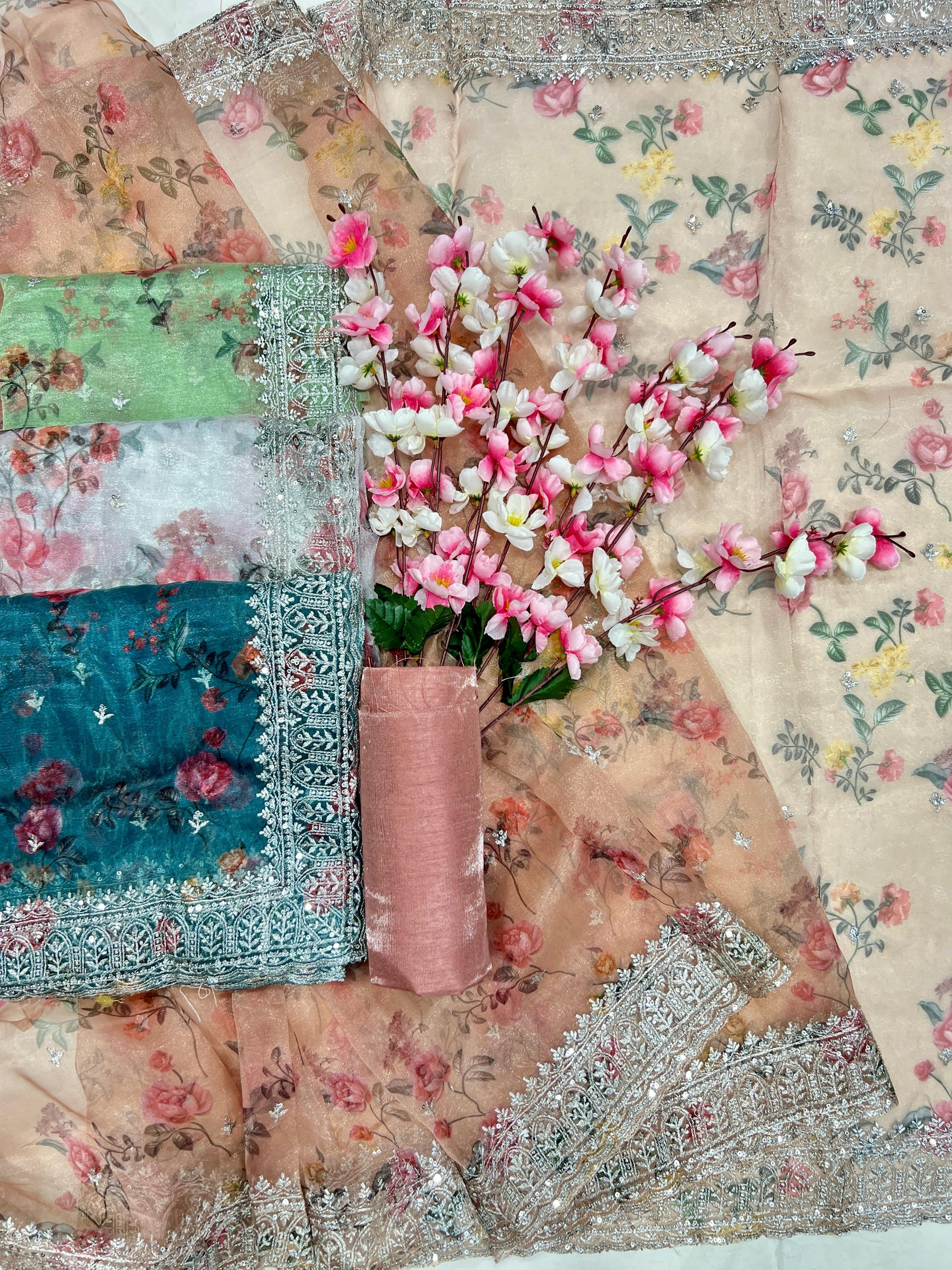 Tissue Organza With Beautiful Flowers Digital Print And Embroidery Zari