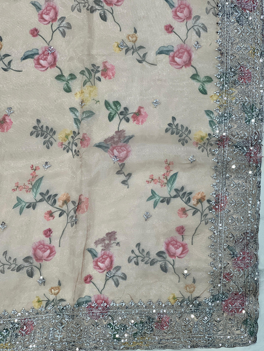 Tissue Organza With Beautiful Flowers Digital Print And Embroidery Zari