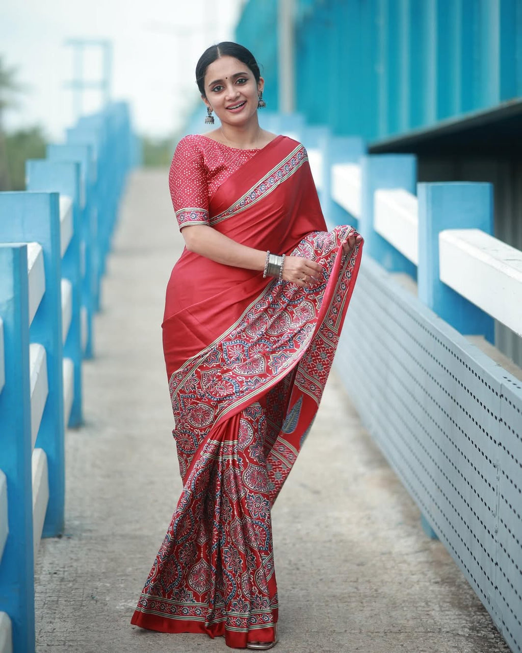 Red Ajrakh Primum Modal Silk Saree With Blouse