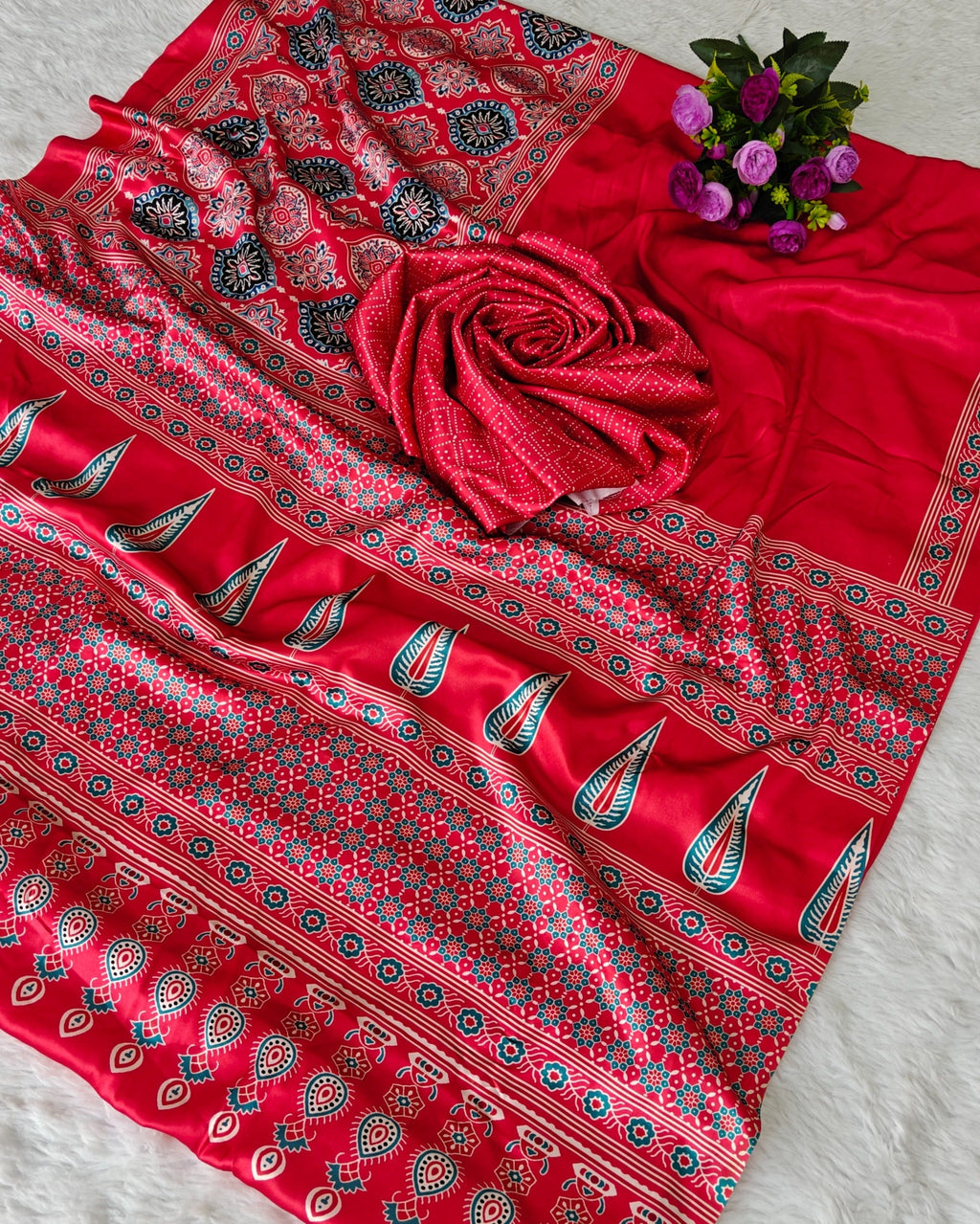 Red Ajrakh Primum Modal Silk Saree With Blouse