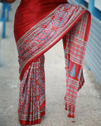 Red Ajrakh Primum Modal Silk Saree With Blouse