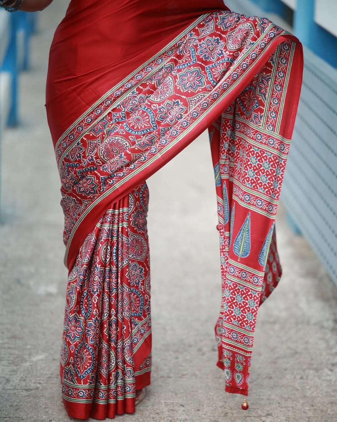 Red Ajrakh Primum Modal Silk Saree With Blouse