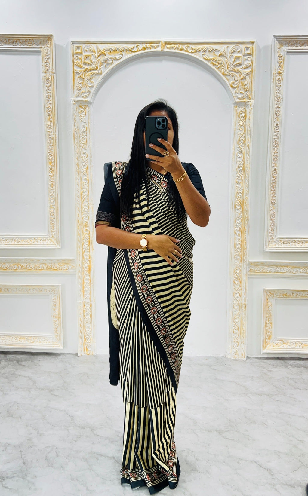 Ajrakh Printed Modal Silk Saree With Ajrakh Blouse
