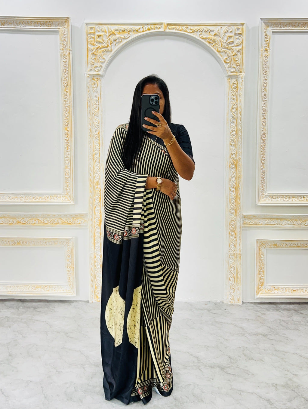 Ajrakh Printed Modal Silk Saree With Ajrakh Blouse