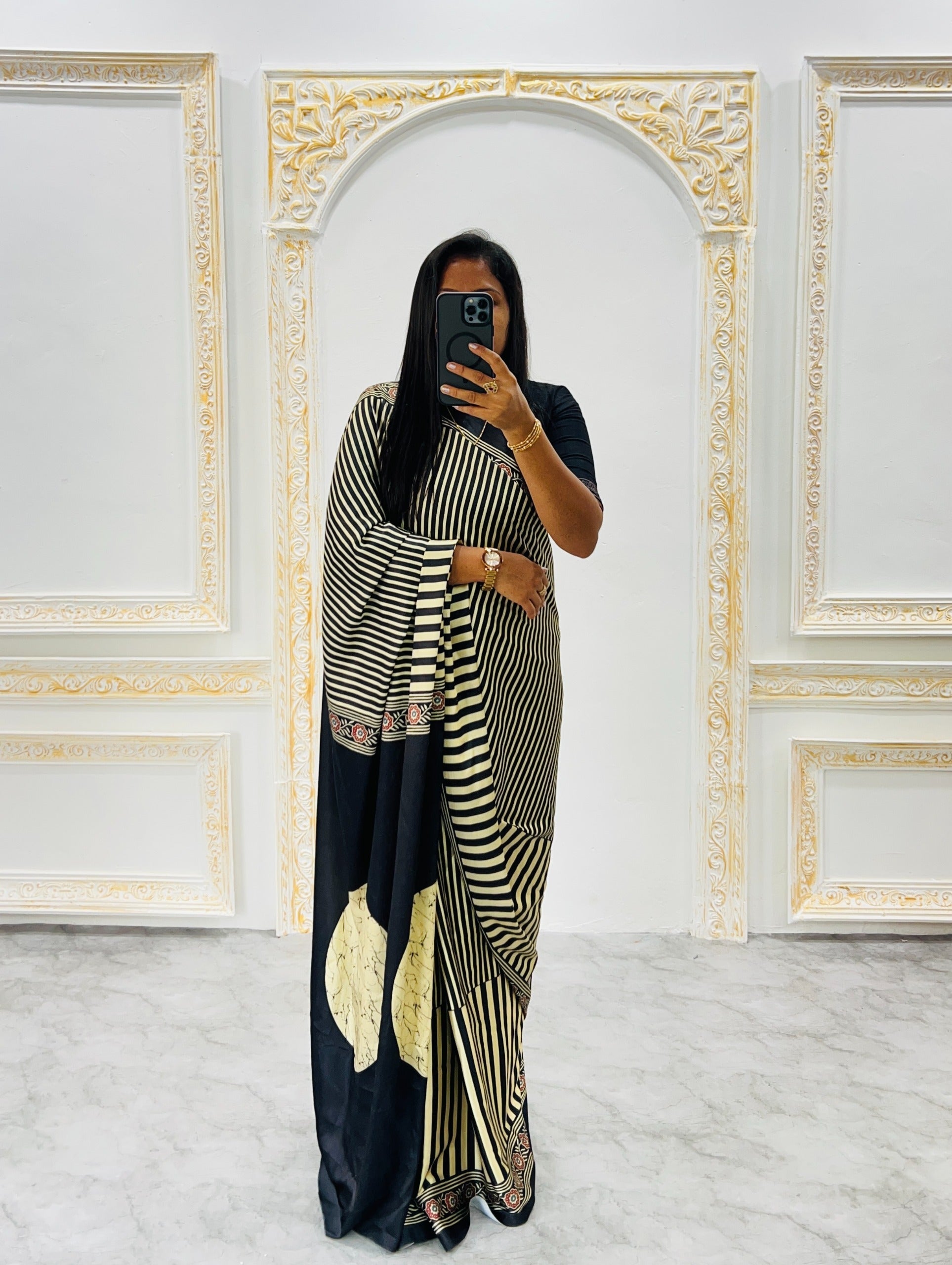 Ajrakh Printed Modal Silk Saree With Ajrakh Blouse