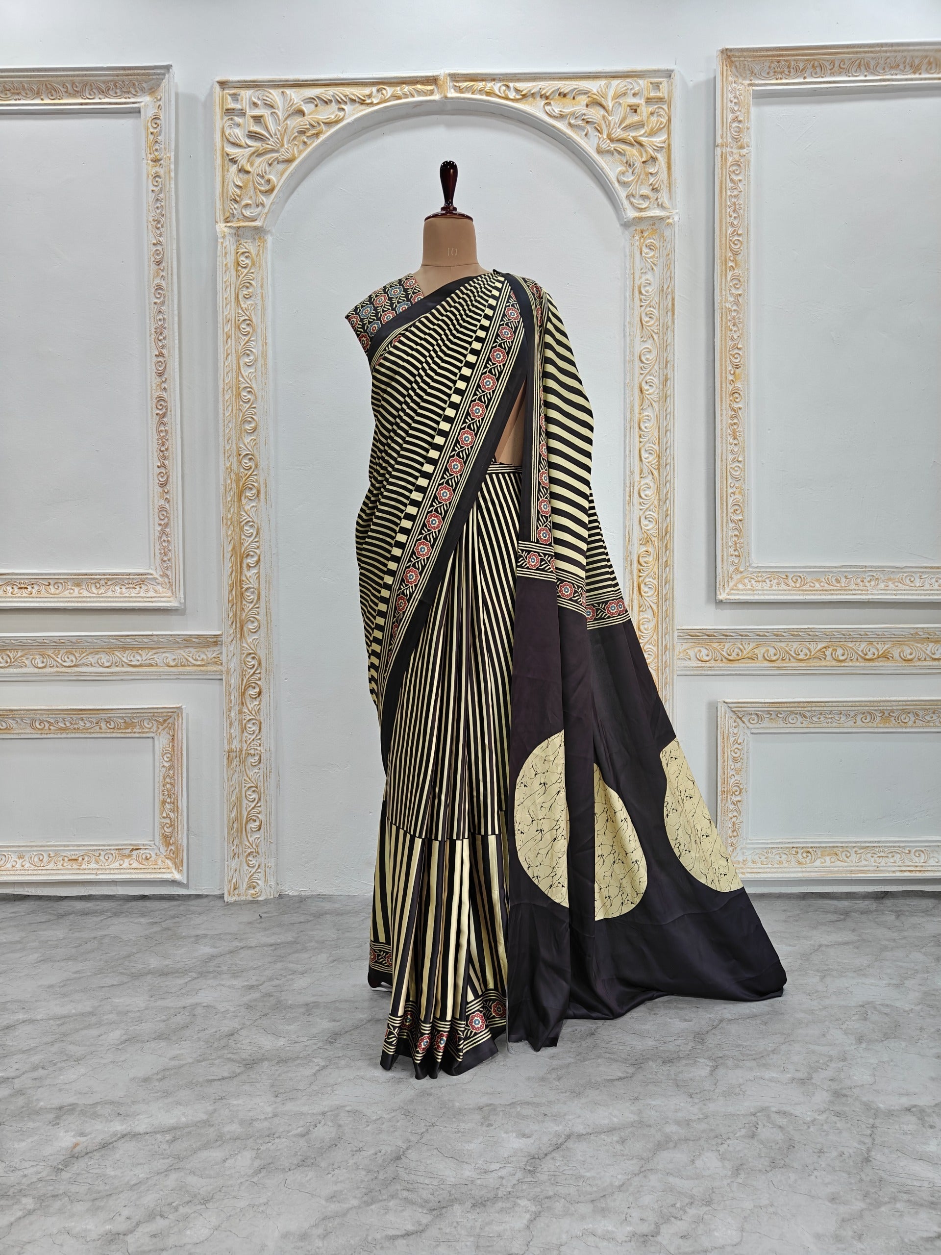 Ajrakh Printed Modal Silk Saree With Ajrakh Blouse