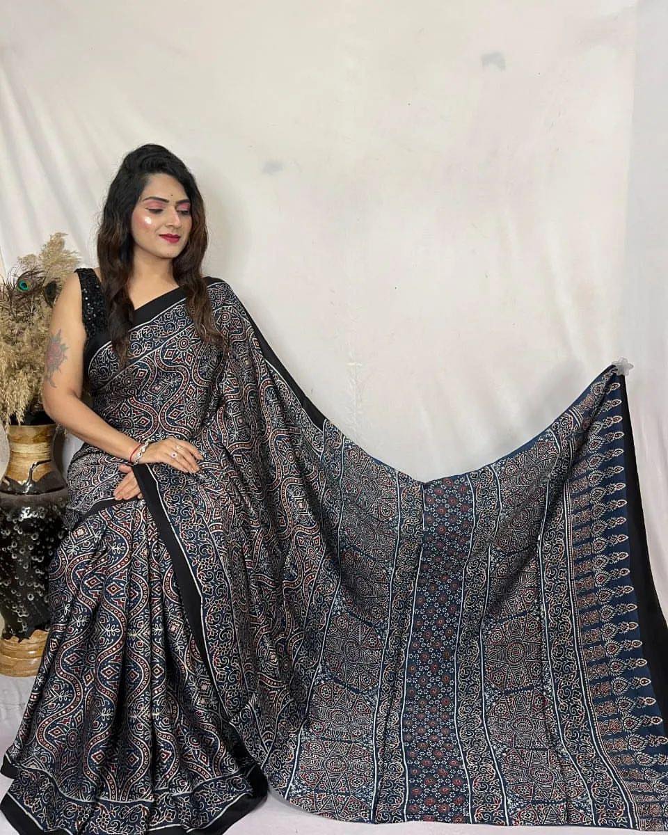 Ajrakh Primum Modal Silk Saree With Blouse