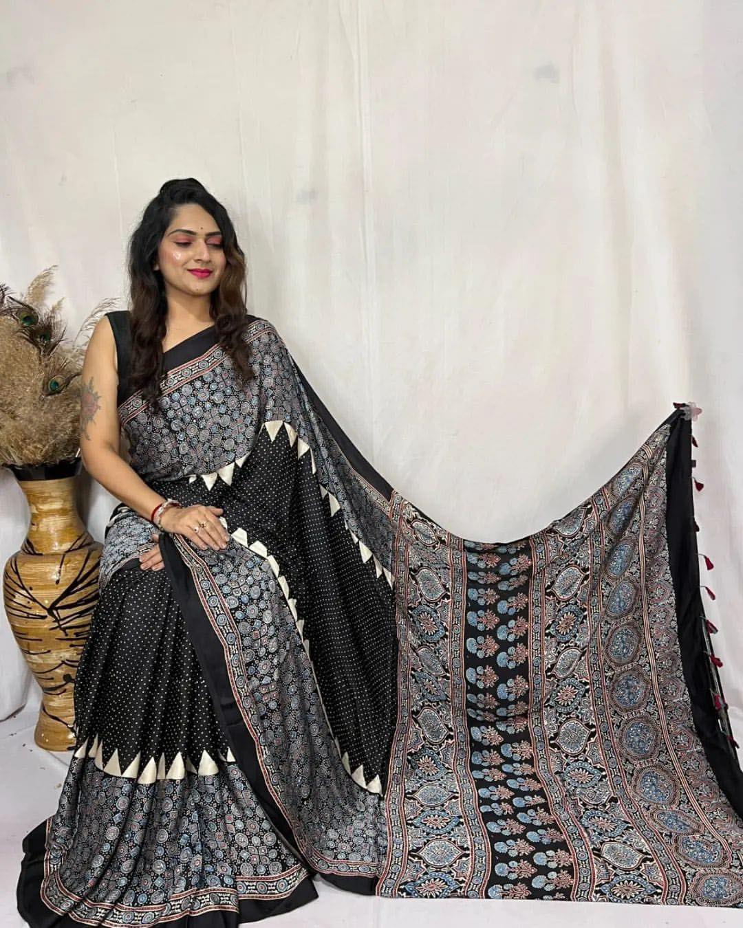 Ajrakh Primum Modal Silk Saree With Blouse