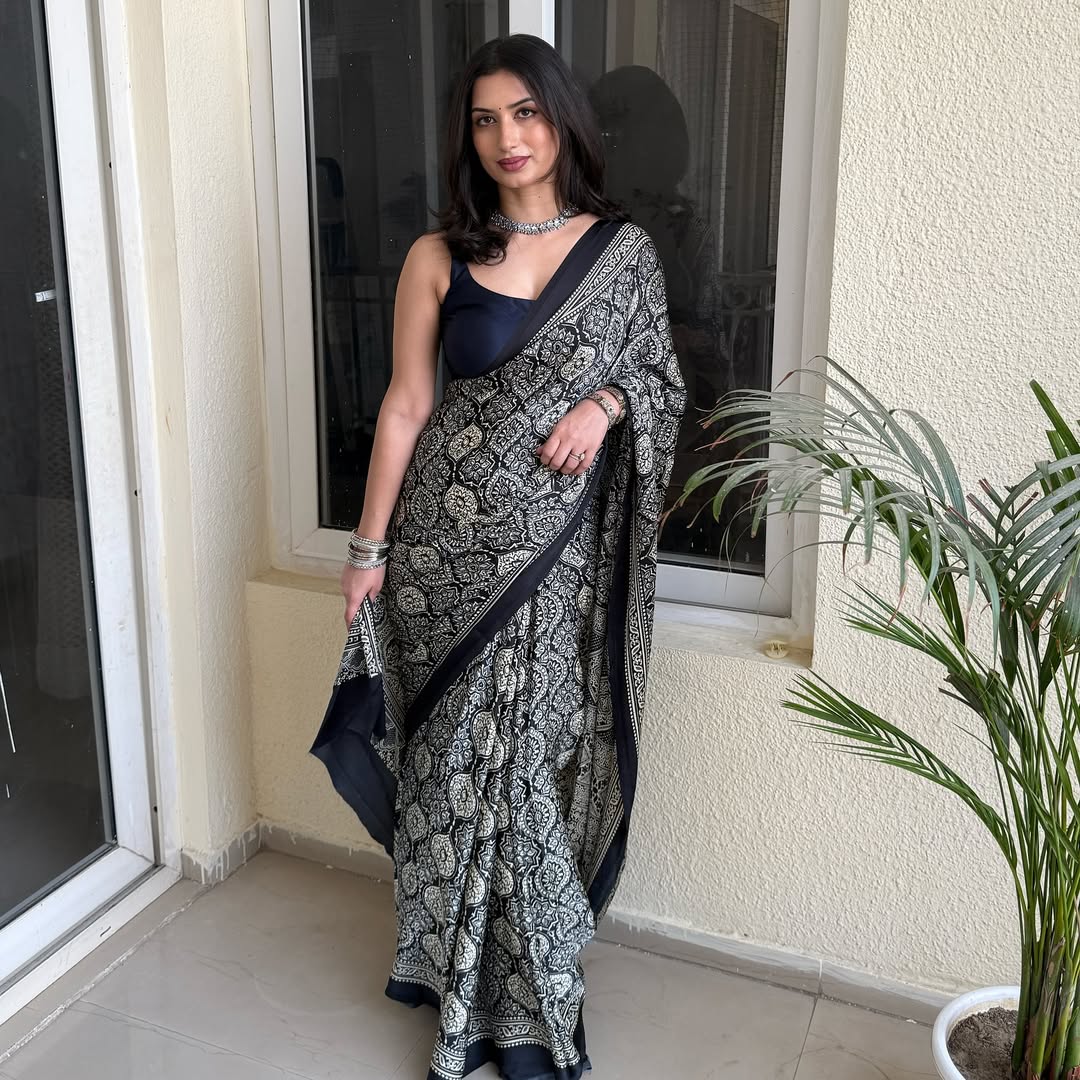 Ajrakh Printed Modal Silk Saree With Ajrakh Blouse