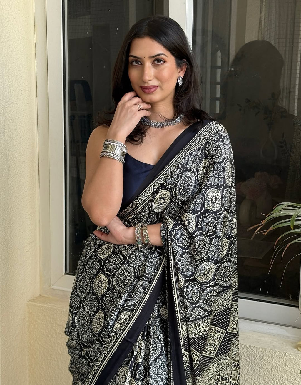Ajrakh Printed Modal Silk Saree With Ajrakh Blouse