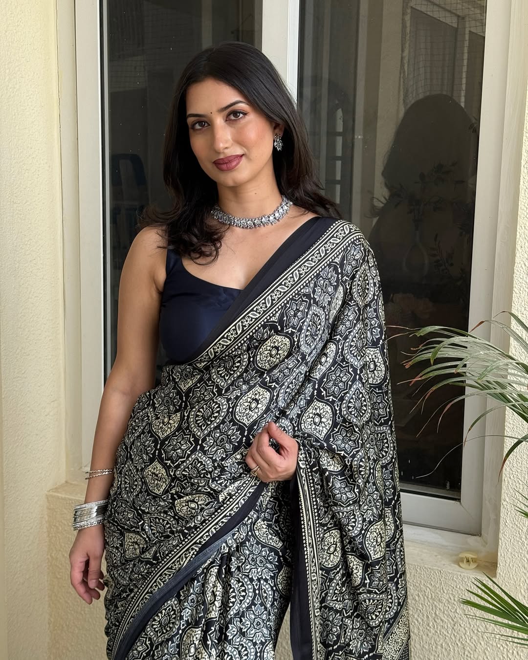 Ajrakh Printed Modal Silk Saree With Ajrakh Blouse