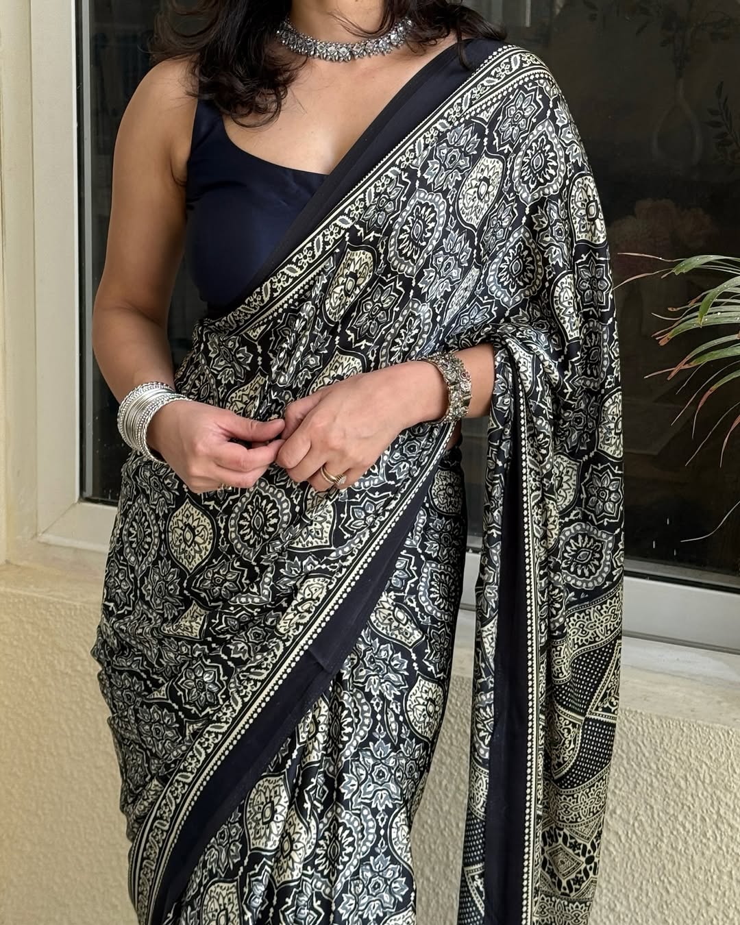 Ajrakh Printed Modal Silk Saree With Ajrakh Blouse