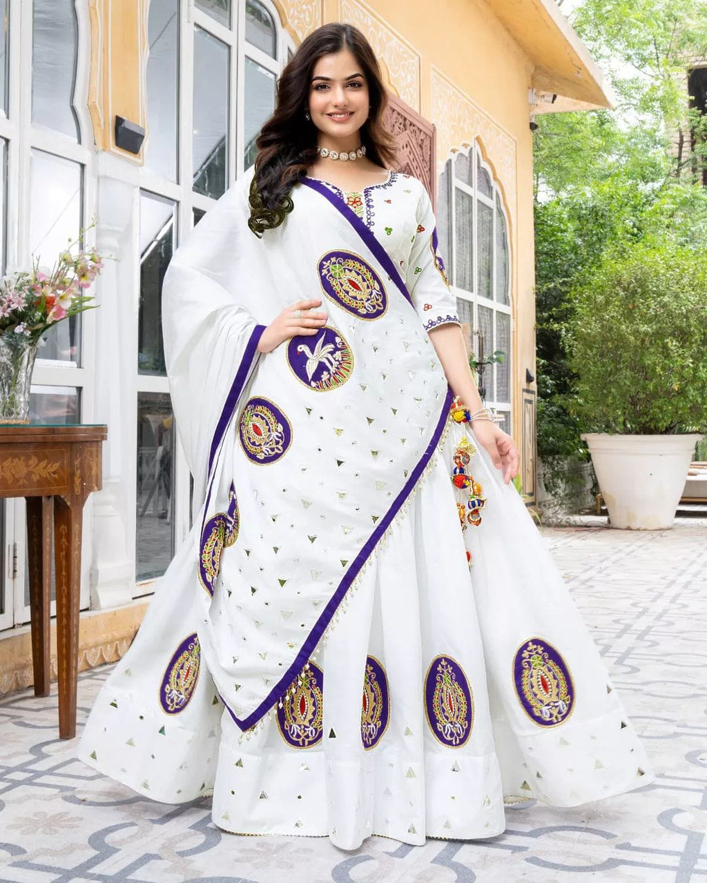 White Color Soft Butter Silk Chaniya Choli | Fancy Digital with Real Mirror Work for Traditional Wear